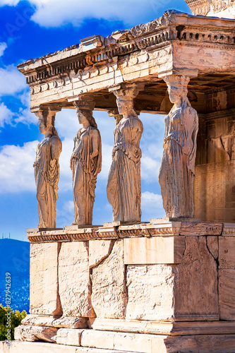 Athens, Greece: Ancient Erechtheion with Caryatid Porch on the Acropolis. Erechtheum temple, Acropolis Hill, Europe travel destination