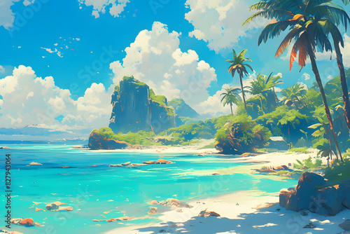 Tropical island with palm trees. Paradise with the ocean  palms and blue sky. Summer vibes. Ideal tropical life picture for travel poster  card  wallpaper.