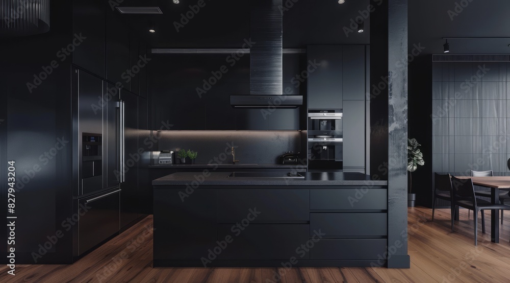 Dark kitchen interior showcasing sleek black stainless steel appliances, dark oak flooring, and a minimalist design for a contemporary and elegant space Dark kitchen interior showcasing sleek black stainless steel appliances, dark oak flooring, and a minimalist design for a contemporary and elegant space
