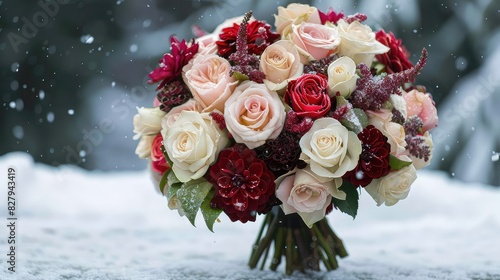 Envision a romantic bouquet of Valentine flowers featuring a blend of classic roses and unique  winter-hardy blooms  embracing the aesthetic of Vancouver in December. Imagine the scene 
