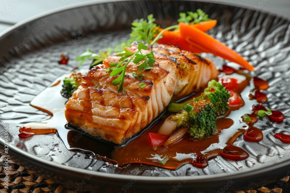 Gourmet salmon dish served with fresh herbs and spices, showcasing culinary art and healthy dining Gourmet salmon dish served with fresh herbs and spices, showcasing culinary art and healthy dining