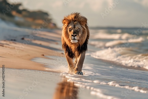 Majestic Lion Walking on a Sunny Beach Scenic Coastal Beauty