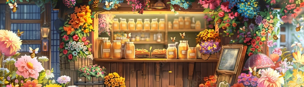 A charming honey kiosk with a vibrant wooden design, surrounded by colorful flowers, staffed by adorable bees in tiny uniforms, detailed jars of honey and beehive decorations A charming honey kiosk with a vibrant wooden design, surrounded by colorful flowers, staffed by adorable bees in tiny uniforms, detailed jars of honey and beehive decorations