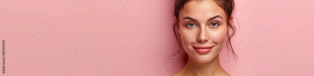A beautiful woman smiling, featured on a banner for a beauty clinic website with a neutral background in pink tones. This image is perfect for use in beauty clinic promotions, website banners A beautiful woman smiling, featured on a banner for a beauty clinic website with a neutral background in pink tones. This image is perfect for use in beauty clinic promotions, website banners