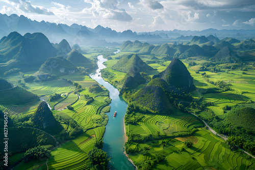 Aerial landscape in pong nam valley an extreme scenery landscape at cao bang province vietnam with river nature green rice fields photo