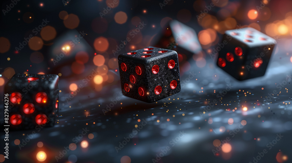 black dice with red dots on the sides, flying in space against a solid