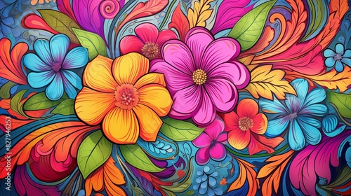 A Vibrant  Colorful  and Detailed Floral Illustration Featuring Diverse  Multi-Hued Flowers and Leaves in an Abstract Pattern