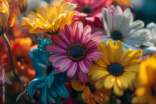 Bright multicolored chrysanthemums, gerberas on a flower bed in the rays of the sun on a summer sunny day