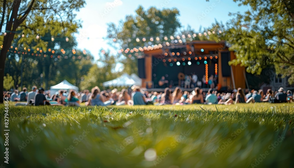 Dynamic urban park with a lively music festival, a stage set up on the grass, and a diverse crowd enjoying live performances Dynamic urban park with a lively music festival, a stage set up on the grass, and a diverse crowd enjoying live performances