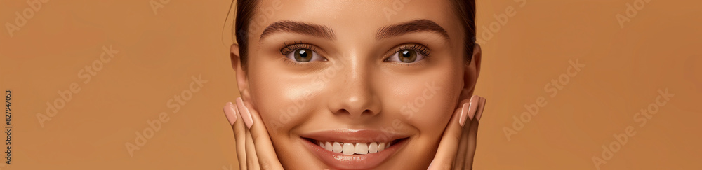 A beautiful woman smiling, featured on a banner for a beauty clinic website with a neutral, light-toned background. This image is perfect for use in beauty clinic promotions, website banners A beautiful woman smiling, featured on a banner for a beauty clinic website with a neutral, light-toned background. This image is perfect for use in beauty clinic promotions, website banners