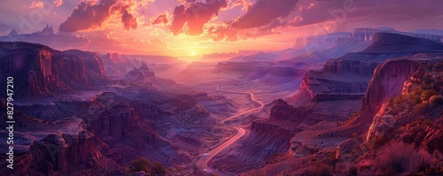 Wallpaper Mural Enchanting scenic overlook with a view of a winding road through a canyon, surrounded by rugged rock formations and a vibrant sunset sky Torontodigital.ca