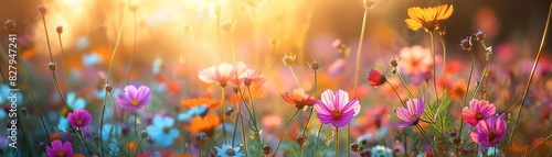 Enchanting spring blossom with a meadow filled with colorful wildflowers, vibrant blossoms swaying in the gentle breeze under the warm sunlight