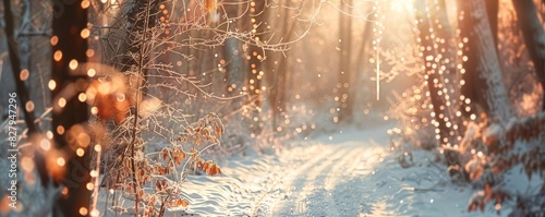 Enchanting winter wonderland with a snowblanketed forest path, soft light filtering through the trees, and sparkling icicles hanging from branches