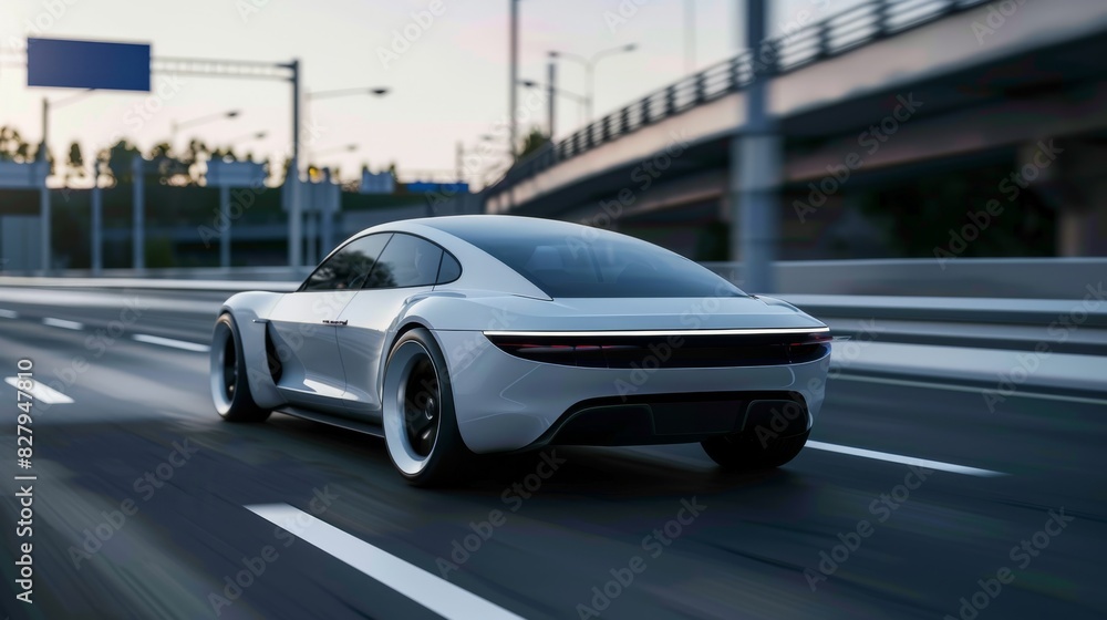Futuristic sports car racing on a highway, highlighting the thrill of high speed electric mobility in a modern environment Futuristic sports car racing on a highway, highlighting the thrill of high speed electric mobility in a modern environment