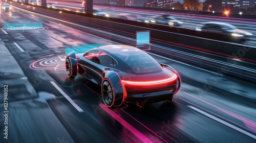 Streamlined electric sports car on a city highway, depicting the future of high performance and eco friendly urban mobility photo