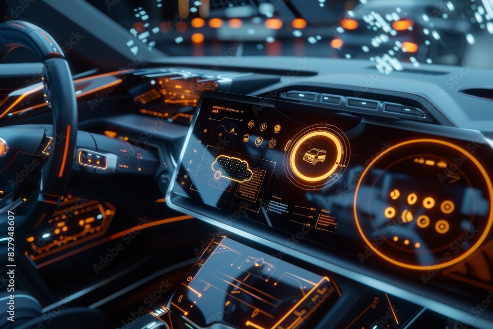 Naklejka premium High tech car cockpit with illuminated digital displays emphasizing dynamic driving experience