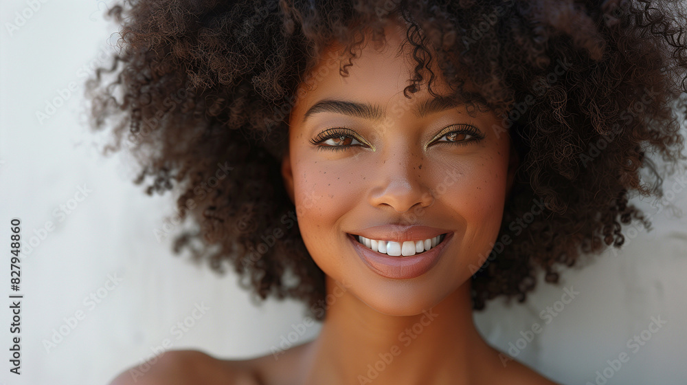 A photo of an attractive African American woman with a large afro and a beaming smile. She has high cheekbones and is wearing natural makeup with golden eyeshadow. The light gray background highlights A photo of an attractive African American woman with a large afro and a beaming smile. She has high cheekbones and is wearing natural makeup with golden eyeshadow. The light gray background highlights