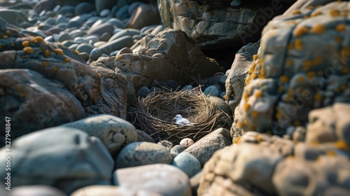 A seabird with a sharp beak, part of the Charadriiformes order, is perched on a rock nest made of natural materials on the bedrock soil landscape AIG50
