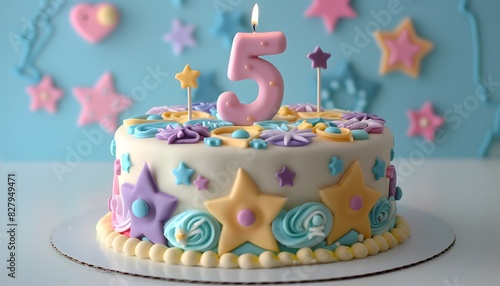 5th Birthday Cake with Star Decorations and Pastel Colors