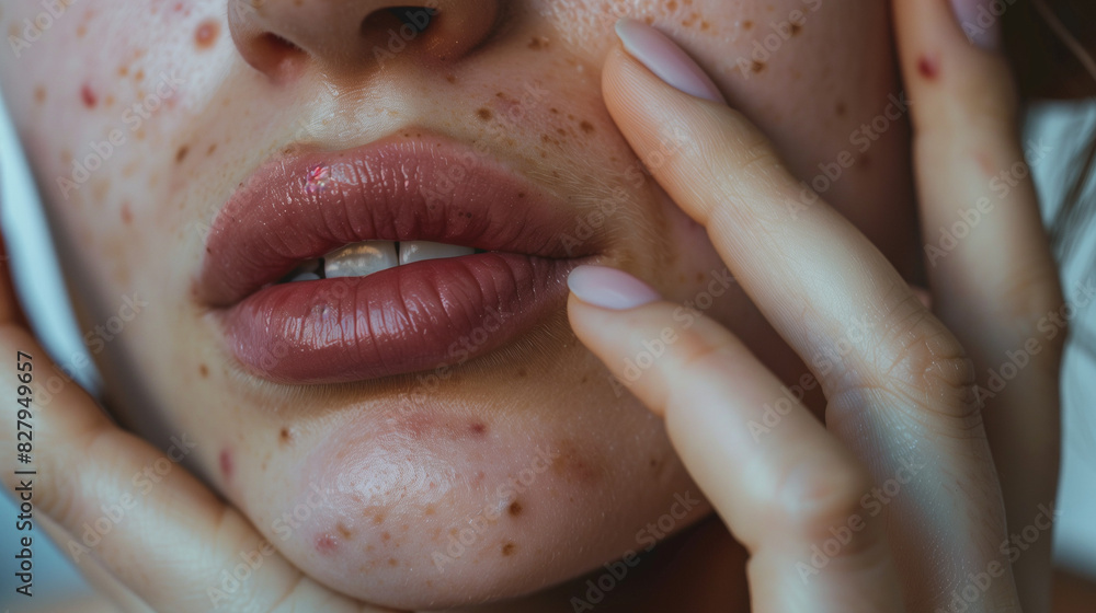 Fototapeta premium A closeup of a woman's face and hand, showing small red blemishes on her cheek that look like pustules or rose highlights. The woman is in her mid-30s with a natural skin tone and light pink nail 