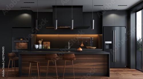 Dark kitchen interior adorned with a tasteful black and walnut combination, where the depth of black tones complements the richness of walnut photo