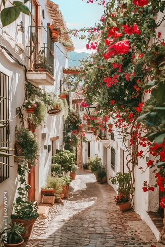 cozy street of old European town  white walls and colourful flowers  cosy Spanish or Italian narrow alley