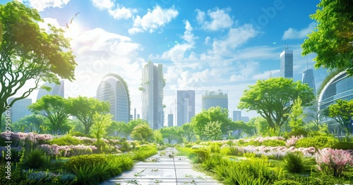 Fototapeta Naklejka Na Ścianę i Meble -  futuristic eco green city with skyscrapers buildings and gardens, future sustainable architecture, harmony of human and nature