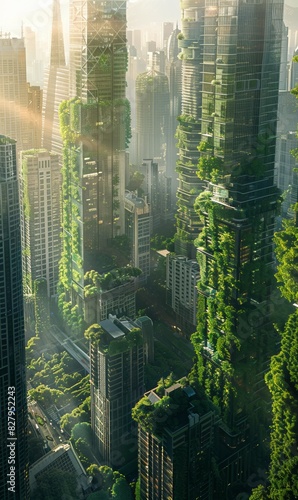 futuristic eco green city with skyscrapers buildings and gardens, future sustainable architecture, harmony of human and nature © goami