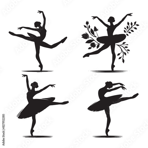 Ballet Dancer Silhouettes Vector Illustration in Black and White, Dancer Silhouettes in Vector Style