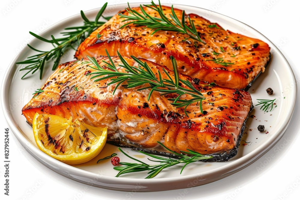 Grilled fish fillet seasoned with rosemary and lemon, presented on a traditional white plate for a classic dining experience Grilled fish fillet seasoned with rosemary and lemon, presented on a traditional white plate for a classic dining experience