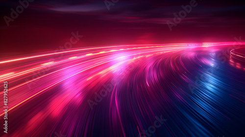 Colorful vibrant neon light stripes and dots, luminous lighttail stripes on a dark moody background, futuristic design, modern light art