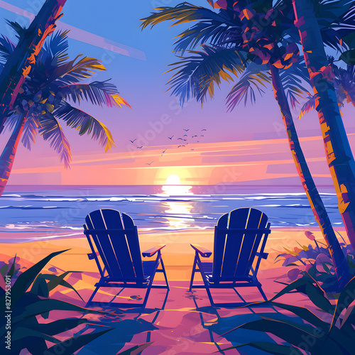  Chairs at the beach, sunset on tropical beach with palms and orange sky. Summer beach travel vacation concept. Invitation to relax in paradise. 