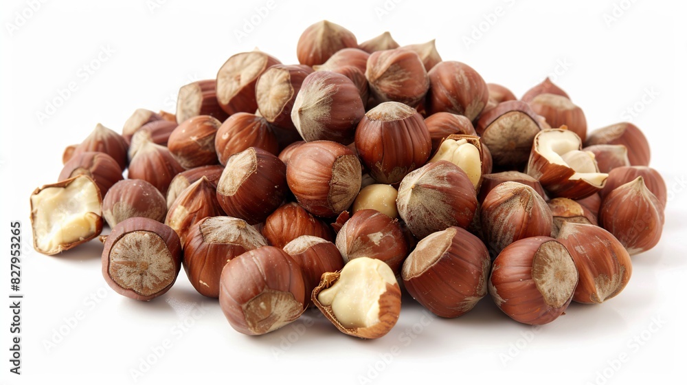 Heap of hazelnuts close up. Peeled nuts. Hazelnut isolated on white background. Generative Ai Heap of hazelnuts close up. Peeled nuts. Hazelnut isolated on white background. Generative Ai