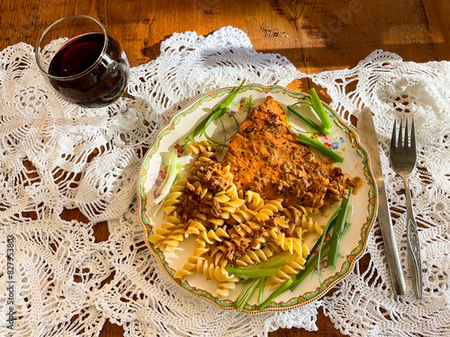 braised pork macaronade with pasta and wine