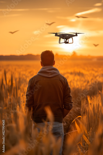 Farmer monitoring wheat field with drone at sunset