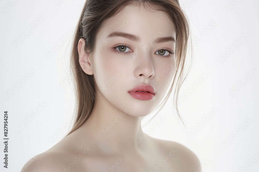 Fototapeta premium close up face portrait of young pretty Asian woman with bright flawless skin, beauty cosmetic or skincare fashion portrait with copy space