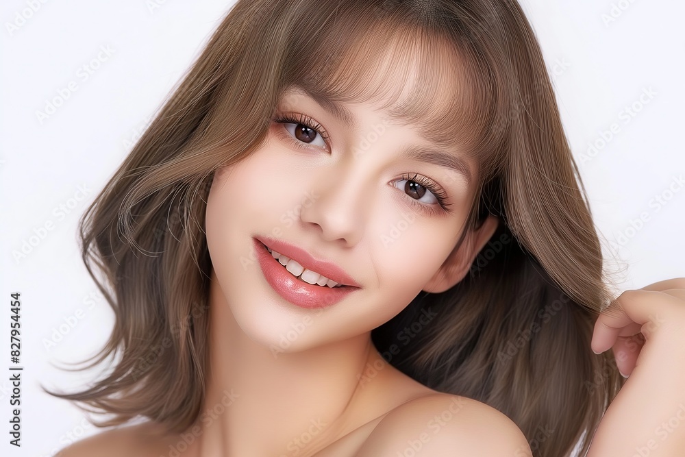 Fototapeta premium close up face portrait of young pretty Asian woman with bright flawless skin, beauty cosmetic or skincare fashion portrait with copy space