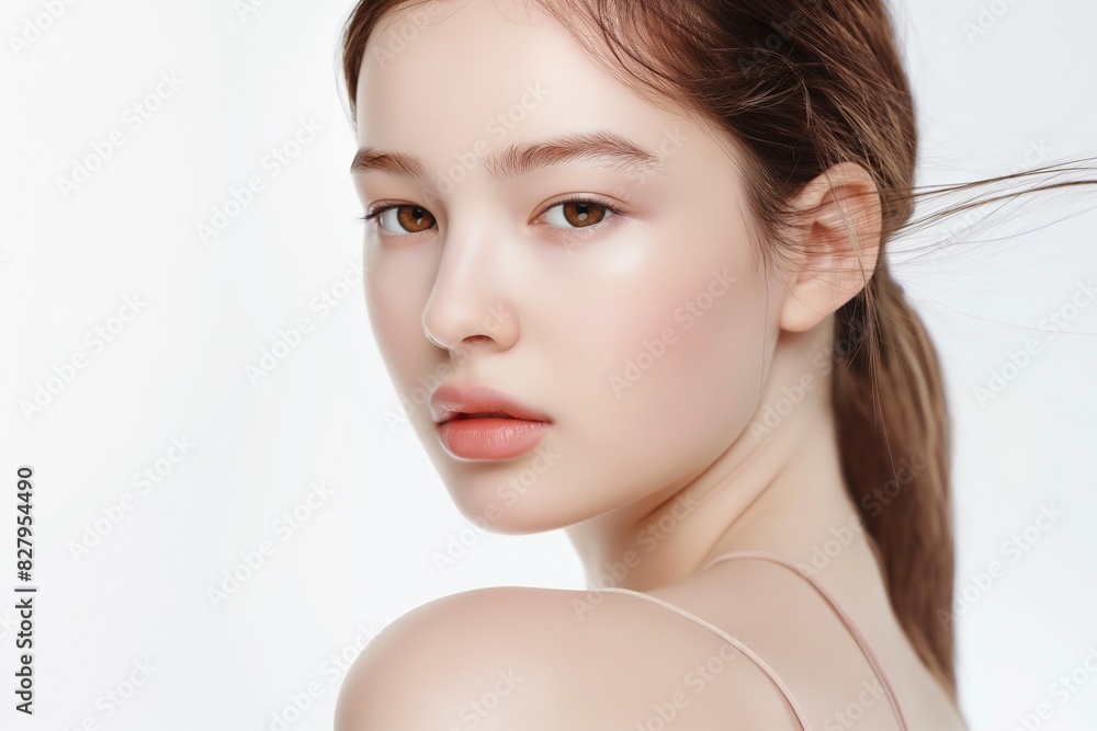 Naklejka premium close up face portrait of young pretty Asian woman with bright flawless skin, beauty cosmetic or skincare fashion portrait with copy space
