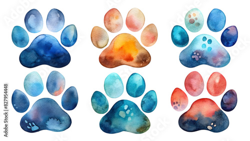 Set of Vector Flat Watercolor Dog Paws in Different Colors and Sizes | Pet Paw Print Illustrations with Transparent Background