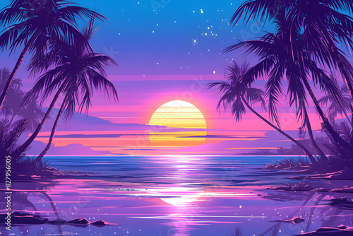 Sunset on the beach with palm trees. Neon colors tropical sunset illustration. 80s vibes wallpaper. Beach with sunset and palms in blue and pink colors