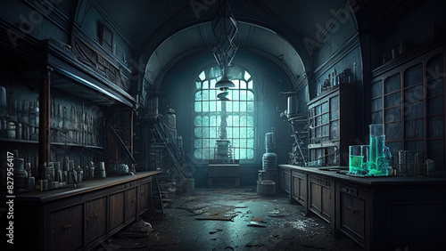 Old dark fantastic lab.Medieval abandoned alchemist laboratory. Generative AI