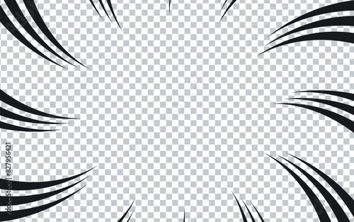 Transparent manga background. Comic explosion, motion speed vector radial line action effect. Anime comic book abstract frame with black pattern of superhero action lines.