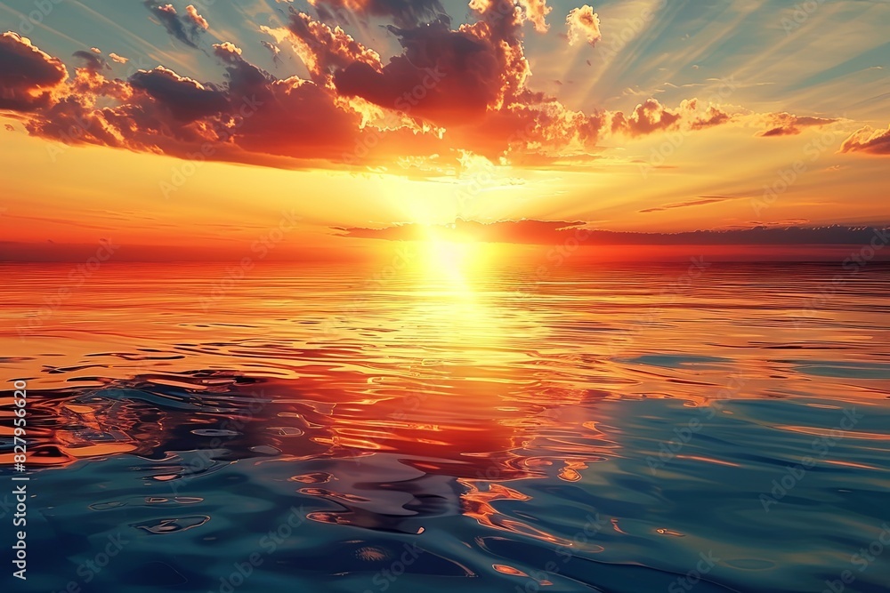 Fototapeta premium A stunning sunset over the ocean with clouds creating a dramatic sky. Generative AI