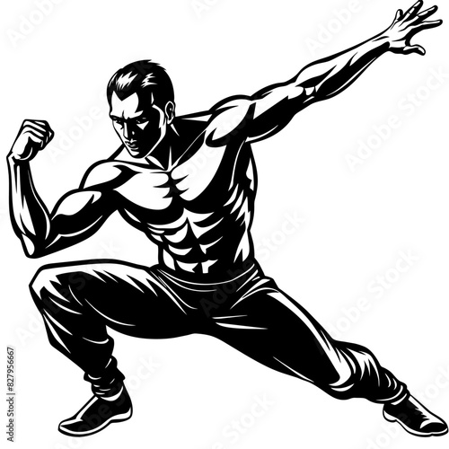 The drawing features a man in a karate pose, depicted in black and white