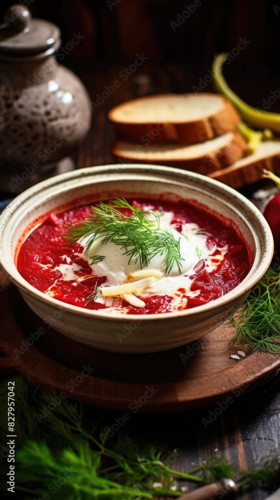 A nourishing bowl of borscht soup garnished with sour cream and a sprinkle of fresh herbs. A nourishing bowl of borscht soup garnished with sour cream and a sprinkle of fresh herbs.