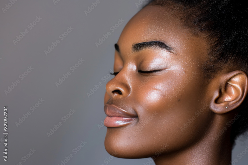 A close up of a black woman's face with her eyes closed looking to a side A close up of a black woman's face with her eyes closed looking to a side