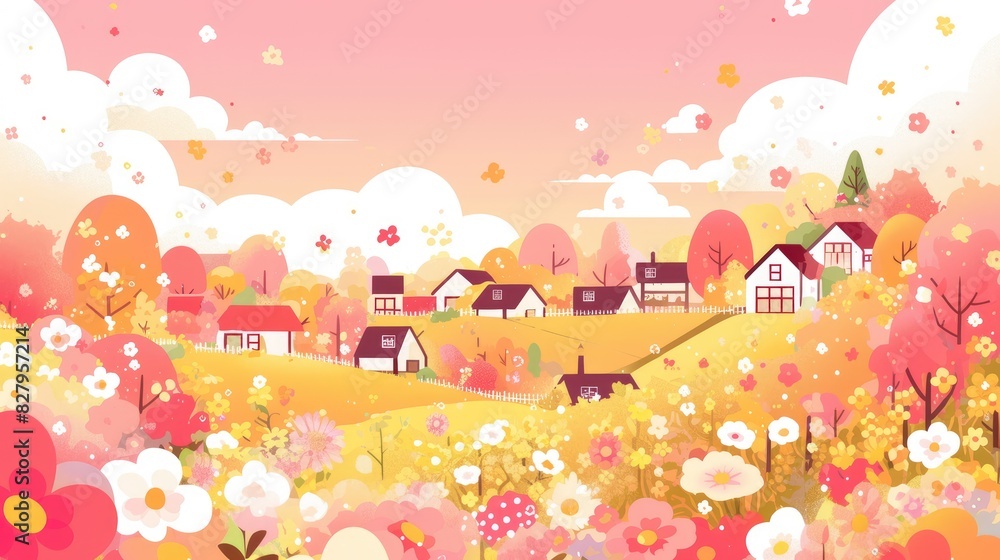 An adorable cartoon style abstract background featuring charming houses fluffy clouds and blooming flowers An adorable cartoon style abstract background featuring charming houses fluffy clouds and blooming flowers