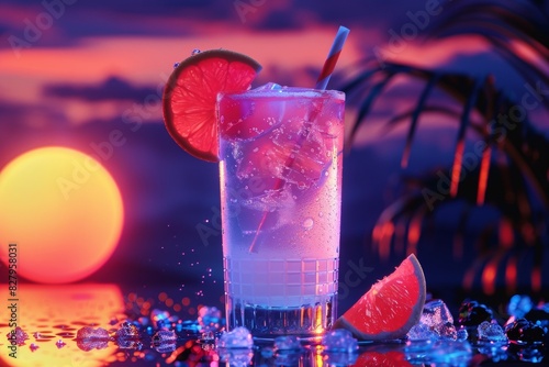 Margarita cocktail with orange slice garnish on background of palm leaves. Retrowave, synthwave style. Alcoholic drink for neon summer party. Refreshing beverage concept. Banner with copy space