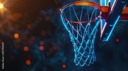 Sport concept. Basketball. Scoring basket with black background and empty space. Regular season or Playoffs game concept. 3D rendering. photo