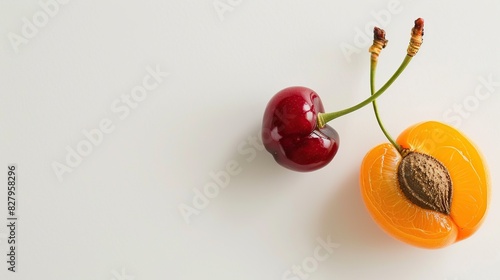 Half a cherry and a half of apricot on a white background . Generative Ai © we3_food